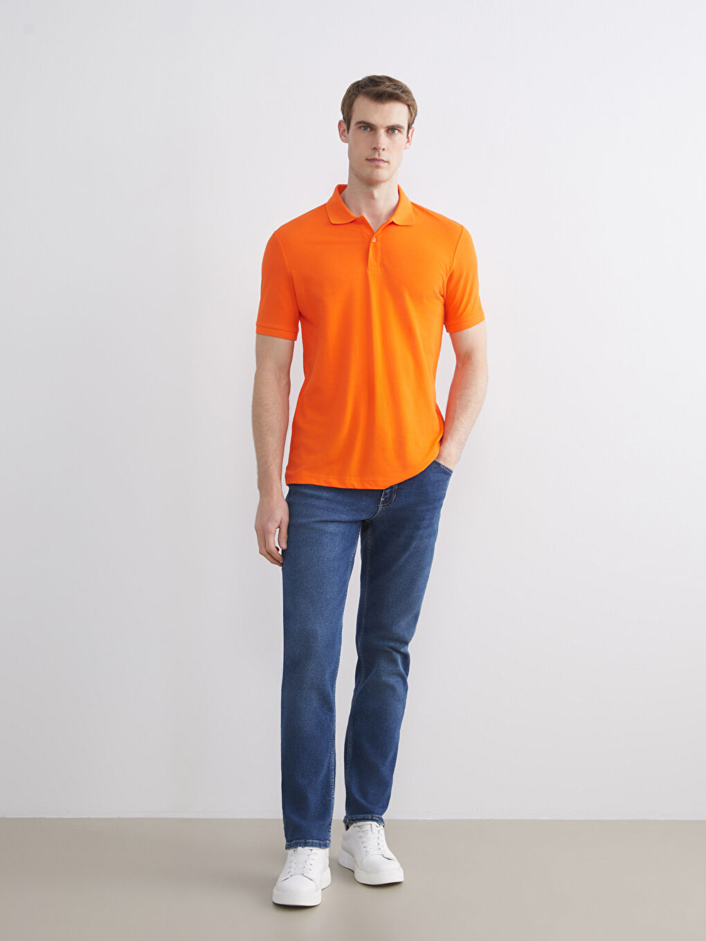 Turuncu Polo Yaka Kısa Kollu Pike Erkek Tişört-1