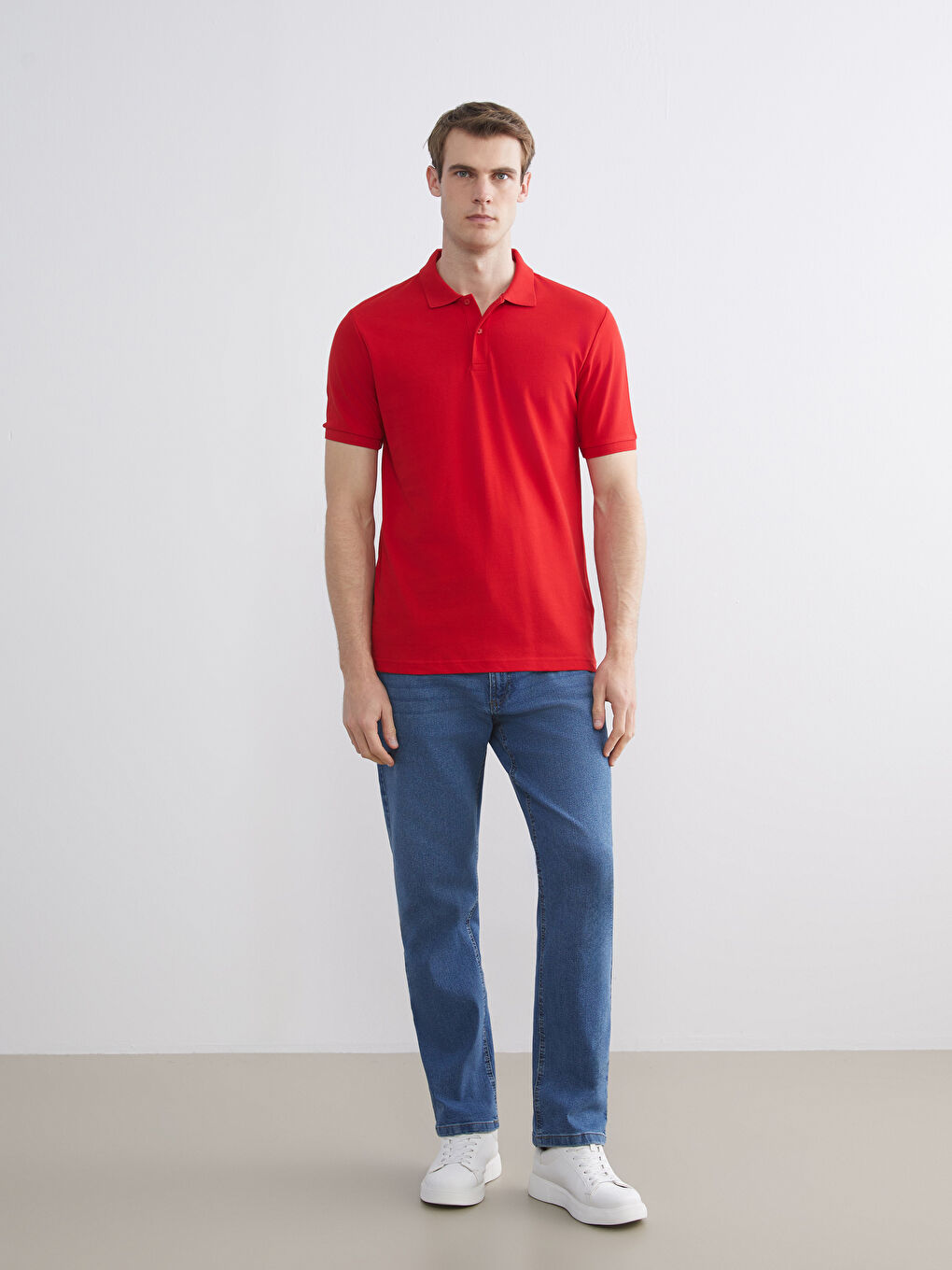 Kırmızı Polo Yaka Kısa Kollu Pike Erkek Tişört-1