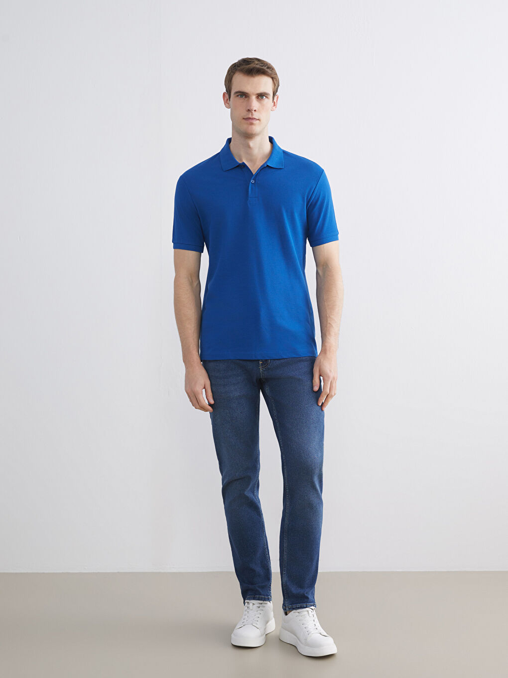 Mavi Polo Yaka Kısa Kollu Pike Erkek Tişört-1