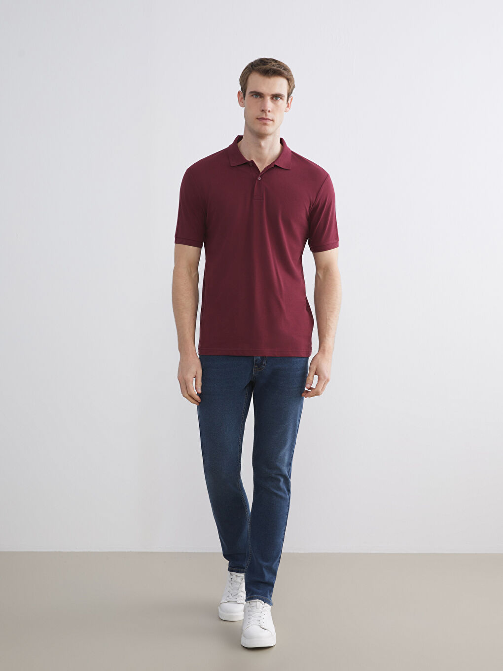 Bordo Polo Yaka Kısa Kollu Pike Erkek Tişört-1