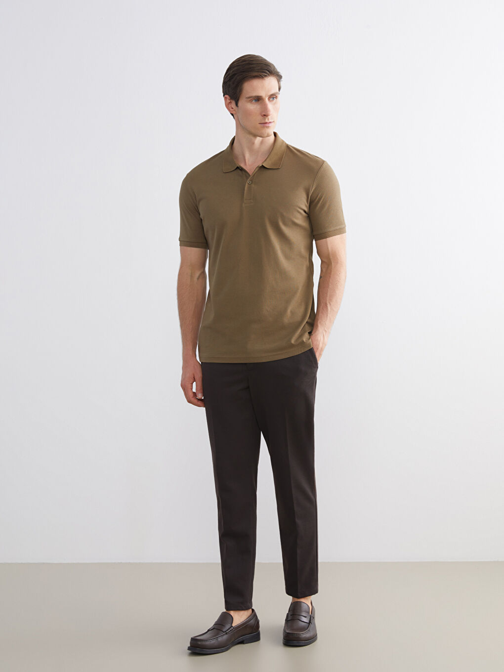 Haki Polo Yaka Kısa Kollu Pike Erkek Tişört-1