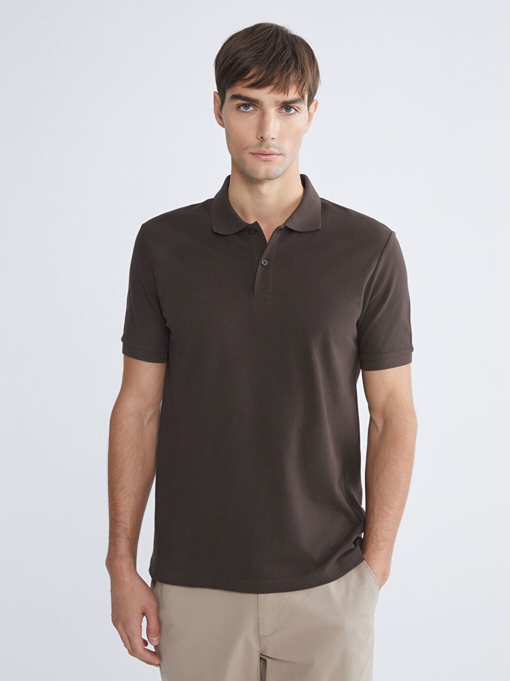 Kahverengi Polo Yaka Kısa Kollu Pike Erkek Tişört-1