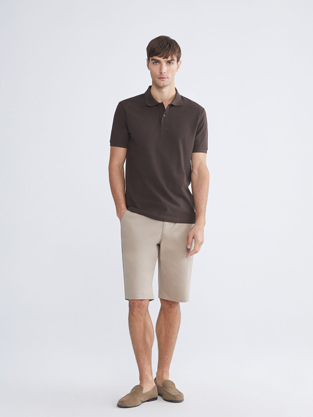 Kahverengi Polo Yaka Kısa Kollu Pike Erkek Tişört-2