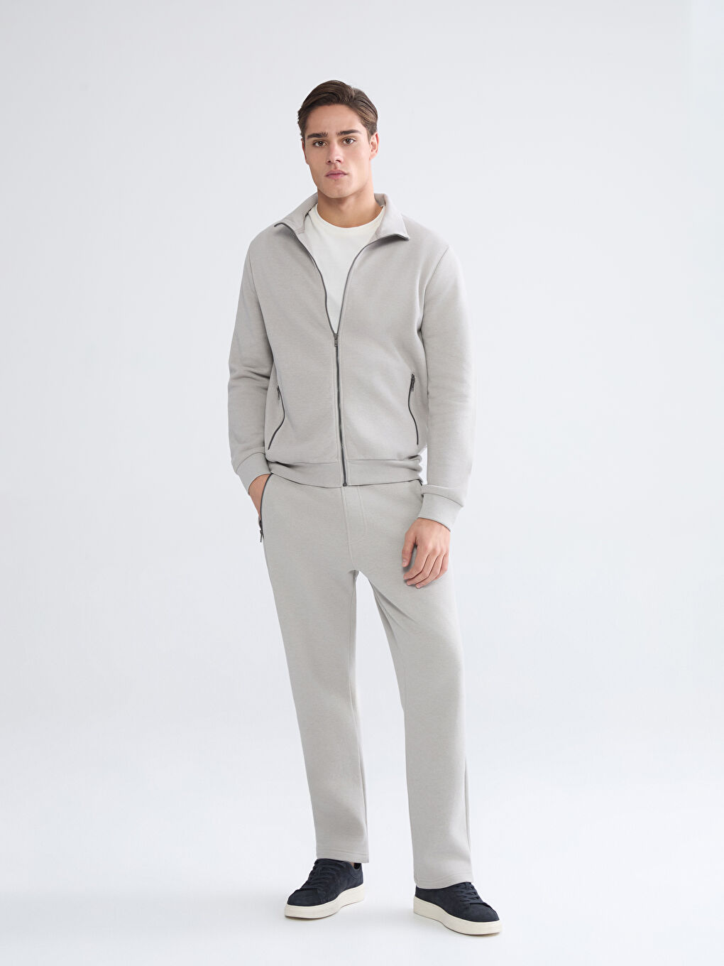 Gri Dik Yaka Uzun Kollu Erkek Fermuarlı Sweatshirt-1