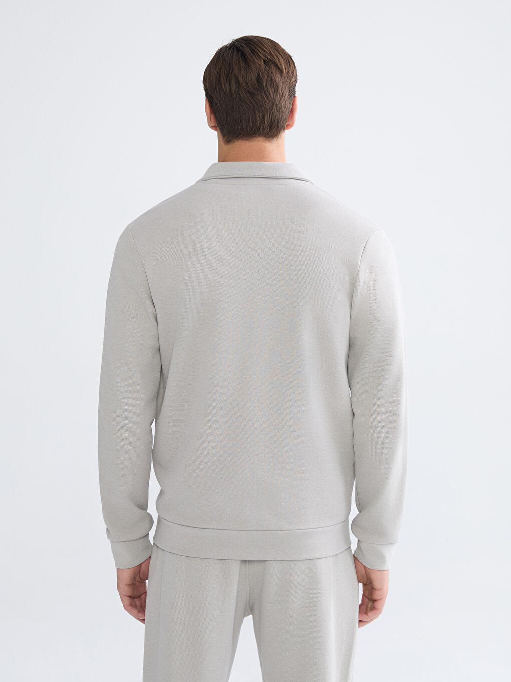 Gri Dik Yaka Uzun Kollu Erkek Fermuarlı Sweatshirt-3