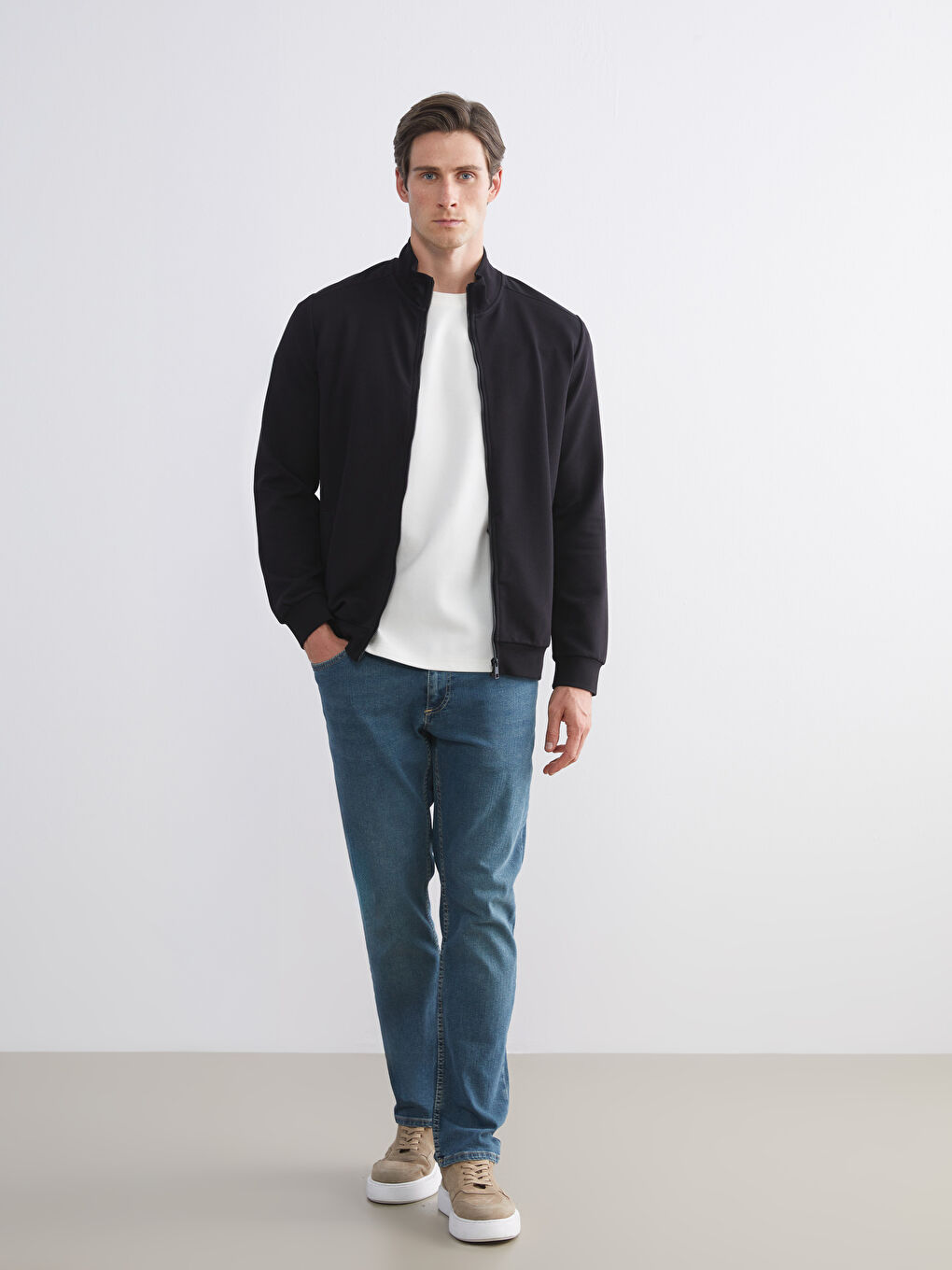 Siyah Dik Yaka Uzun Kollu Erkek Fermuarlı Sweatshirt-1