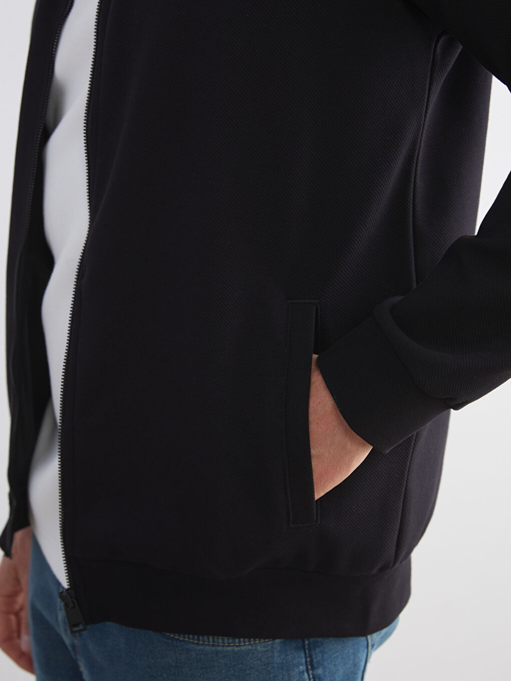 Siyah Dik Yaka Uzun Kollu Erkek Fermuarlı Sweatshirt-2