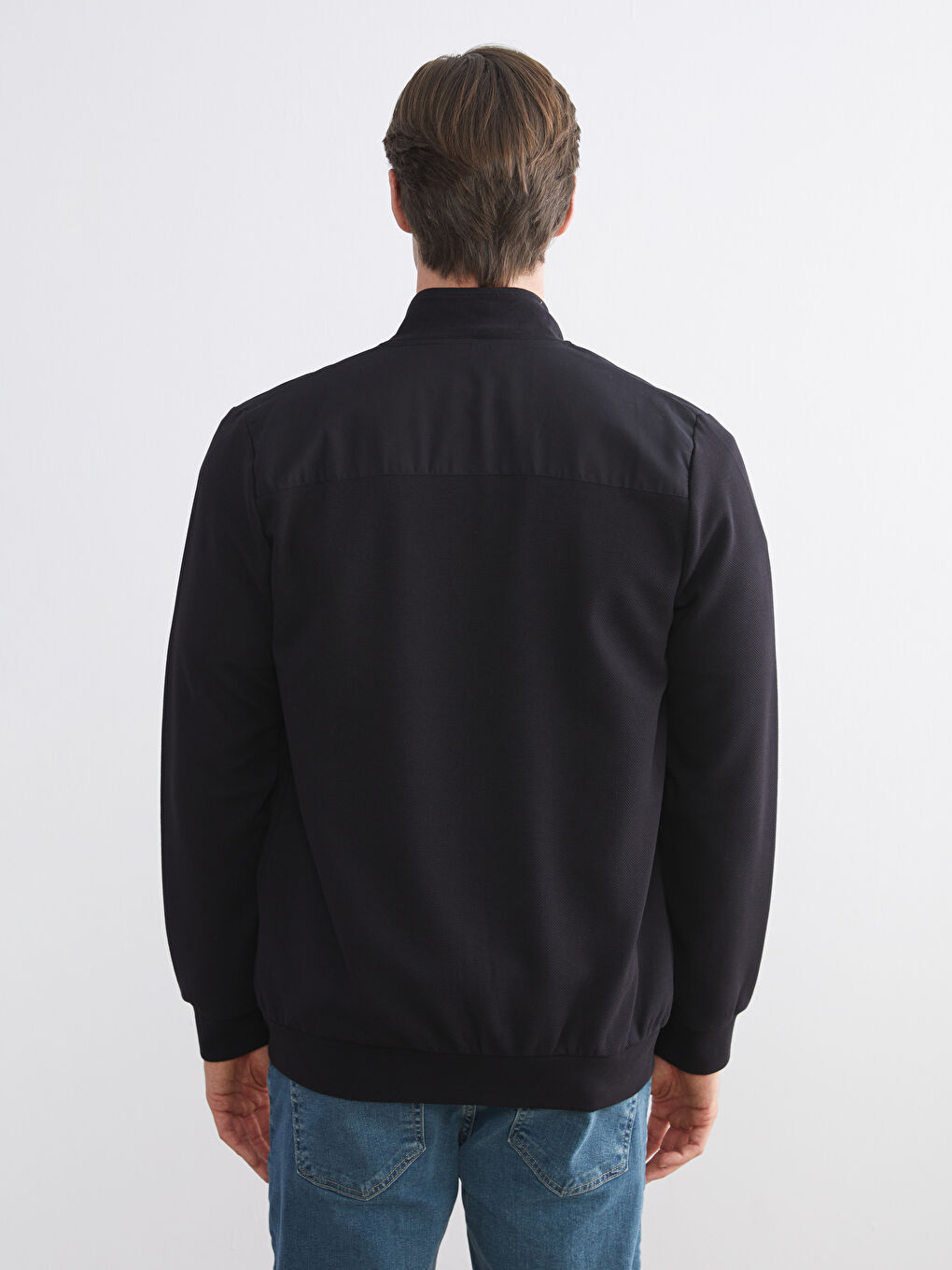 Siyah Dik Yaka Uzun Kollu Erkek Fermuarlı Sweatshirt-3