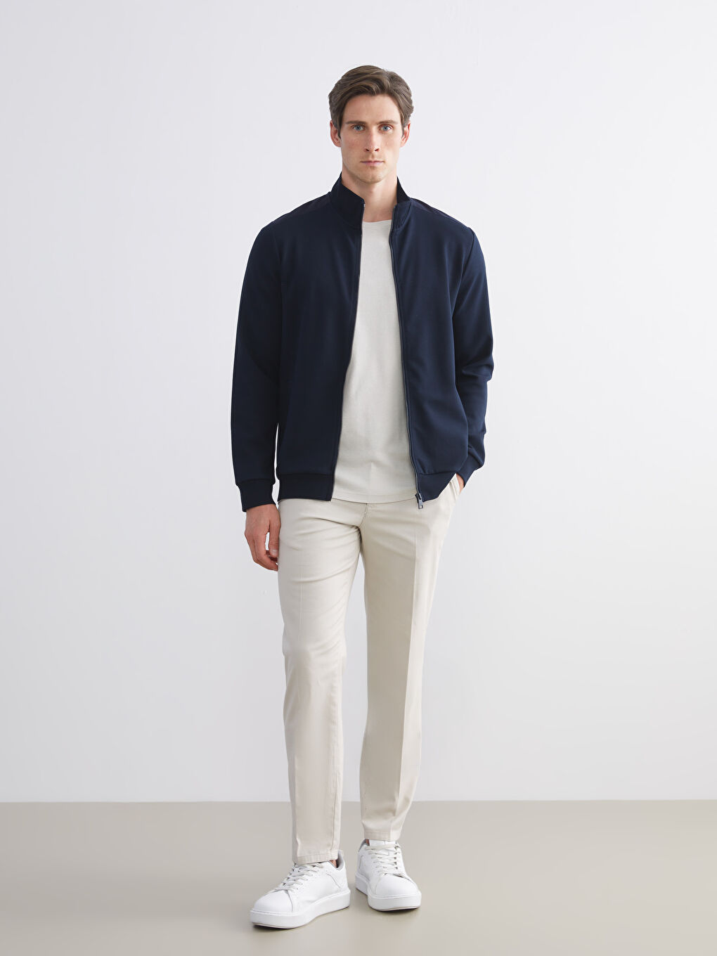 Lacivert Dik Yaka Uzun Kollu Erkek Fermuarlı Sweatshirt-1