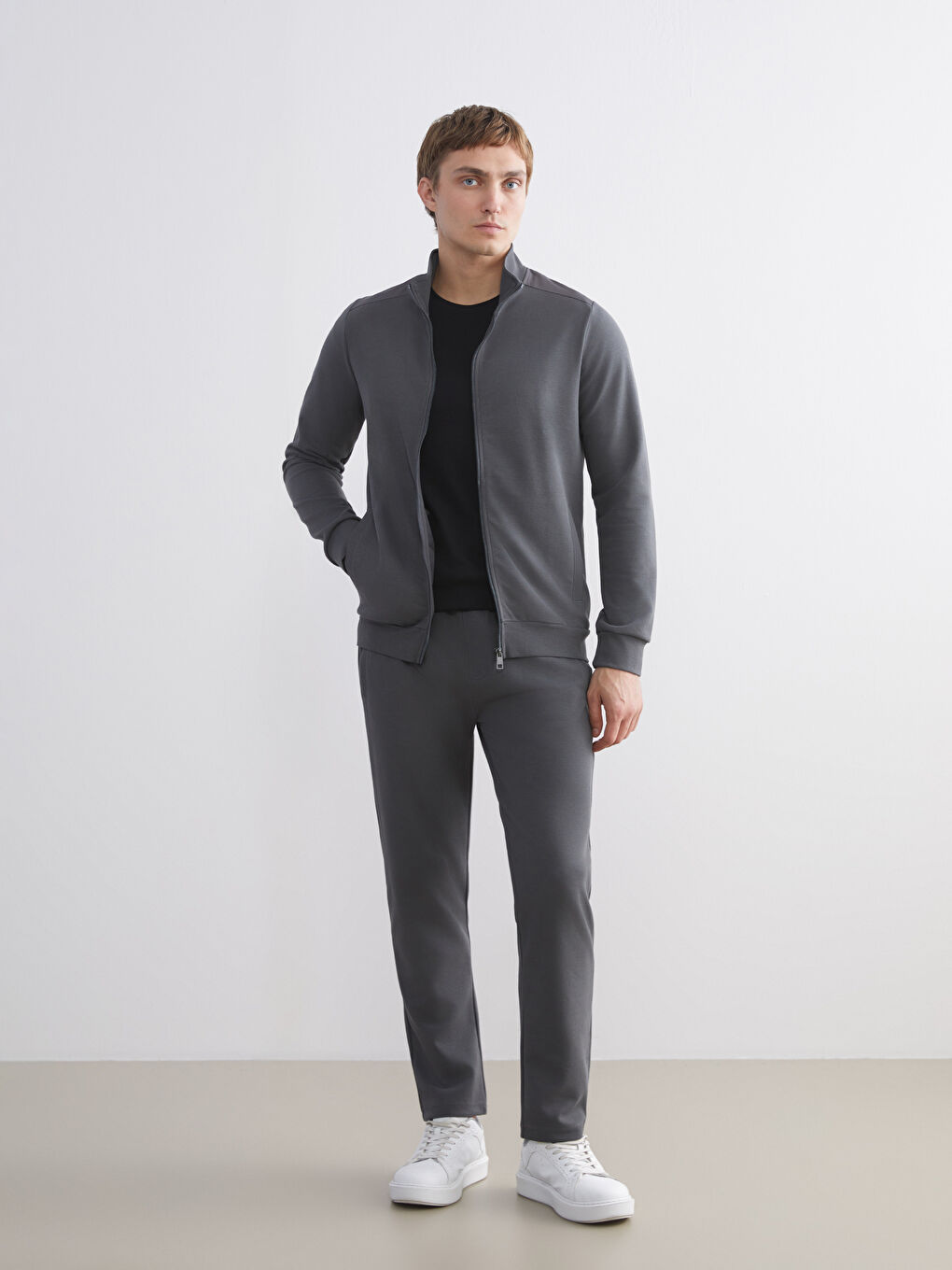 Antrasit Dik Yaka Uzun Kollu Erkek Fermuarlı Sweatshirt-3