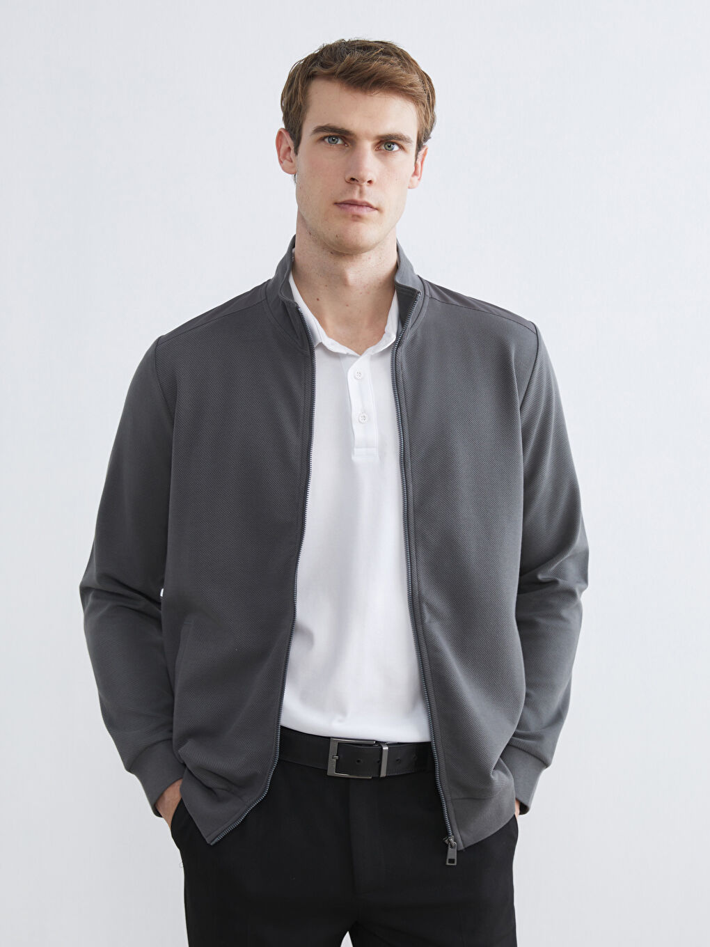 Antrasit Dik Yaka Uzun Kollu Erkek Fermuarlı Sweatshirt-1