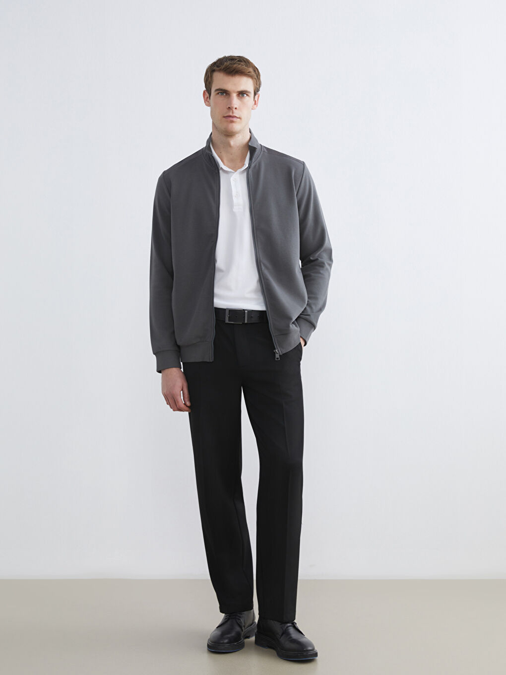 Antrasit Dik Yaka Uzun Kollu Erkek Fermuarlı Sweatshirt-2