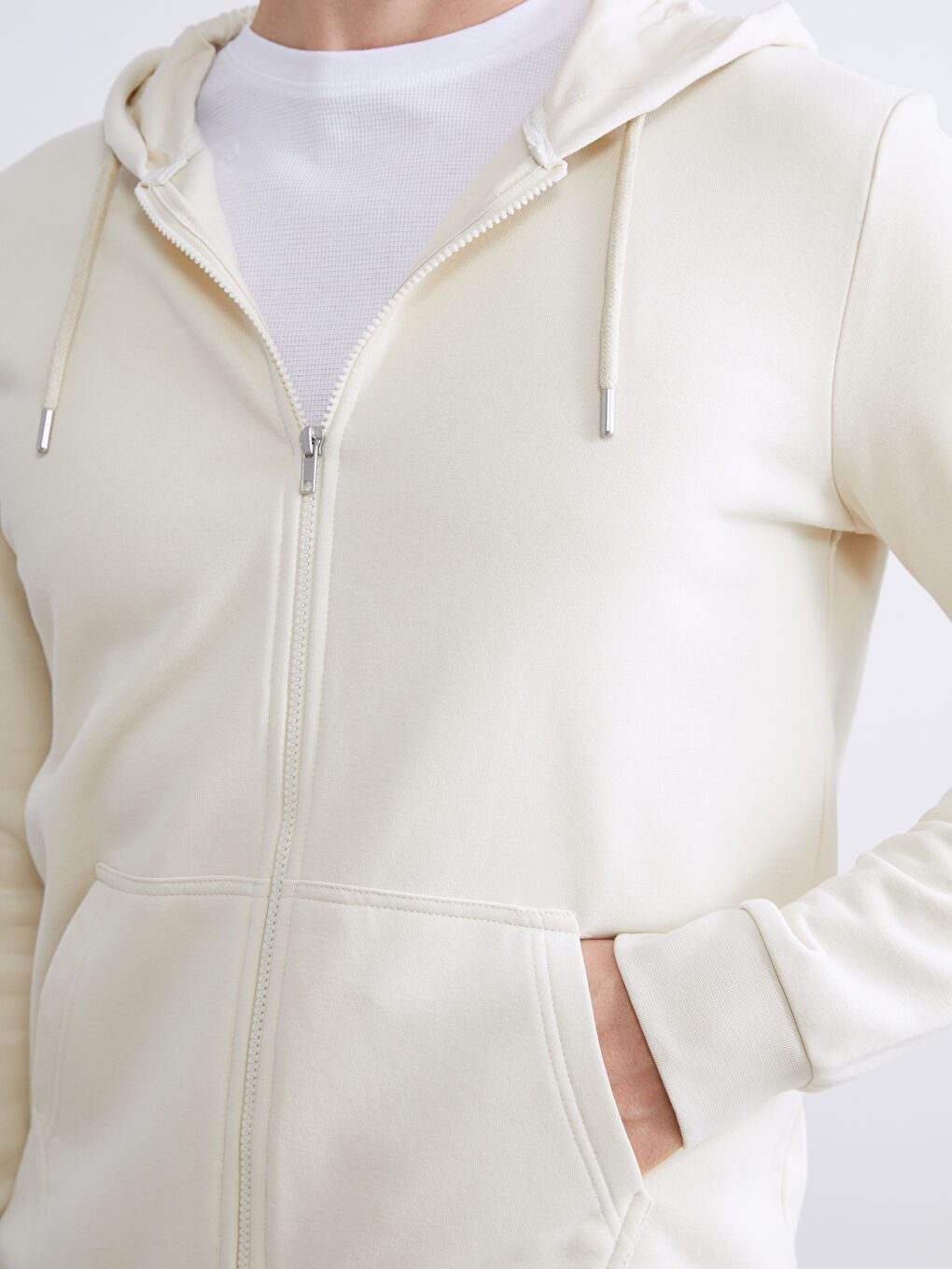 Bej Kapüşonlu Uzun Kollu Erkek Fermuarlı Sweatshirt-2