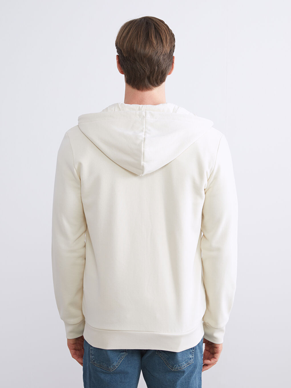 Bej Kapüşonlu Uzun Kollu Erkek Fermuarlı Sweatshirt-3