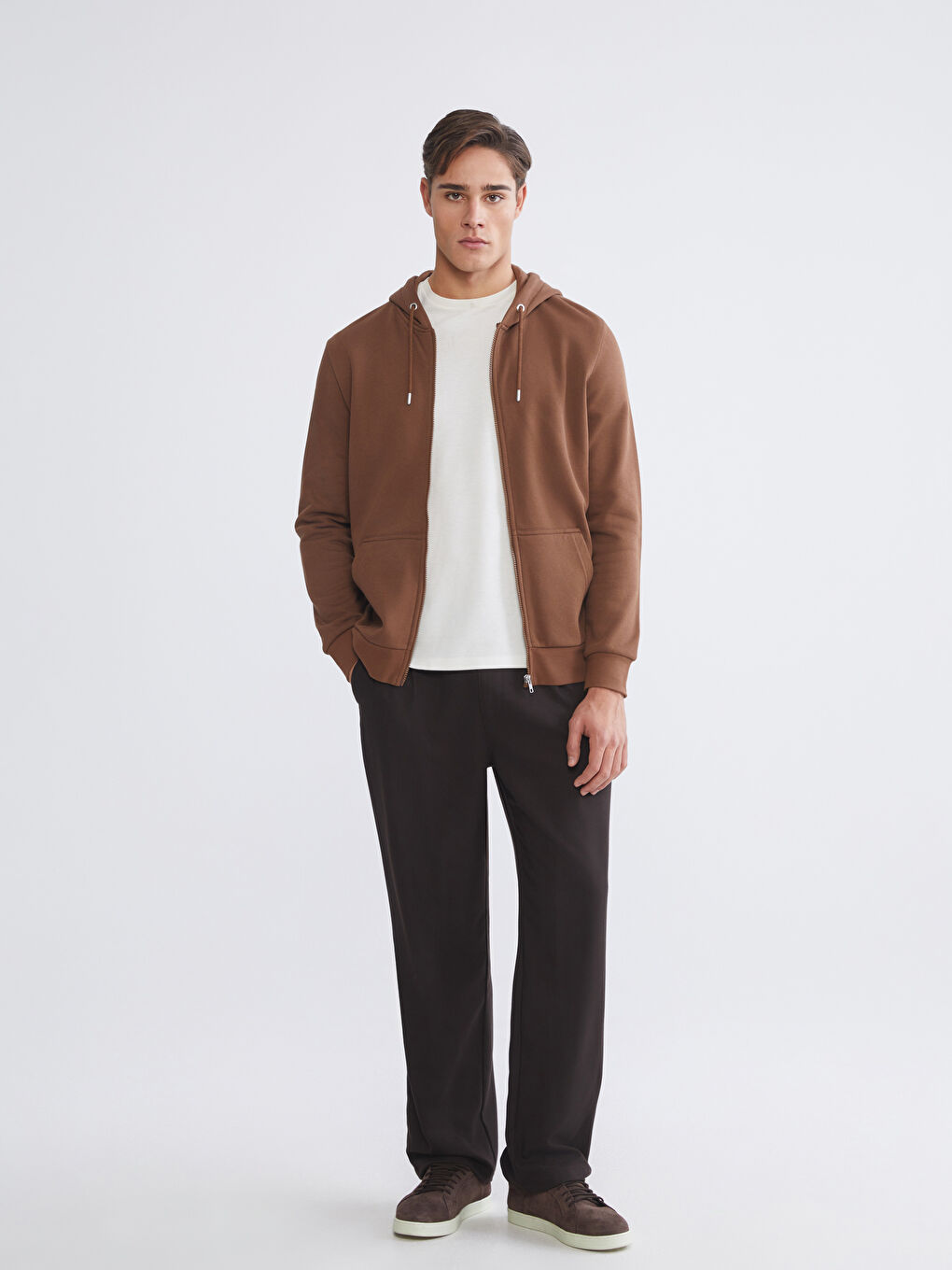 Kahverengi Kapüşonlu Uzun Kollu Erkek Fermuarlı Sweatshirt-1