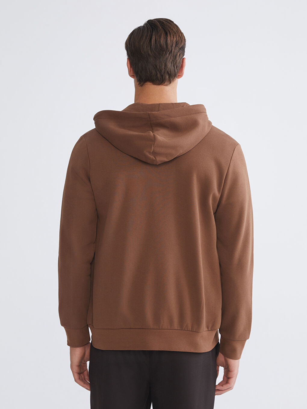 Kahverengi Kapüşonlu Uzun Kollu Erkek Fermuarlı Sweatshirt-3