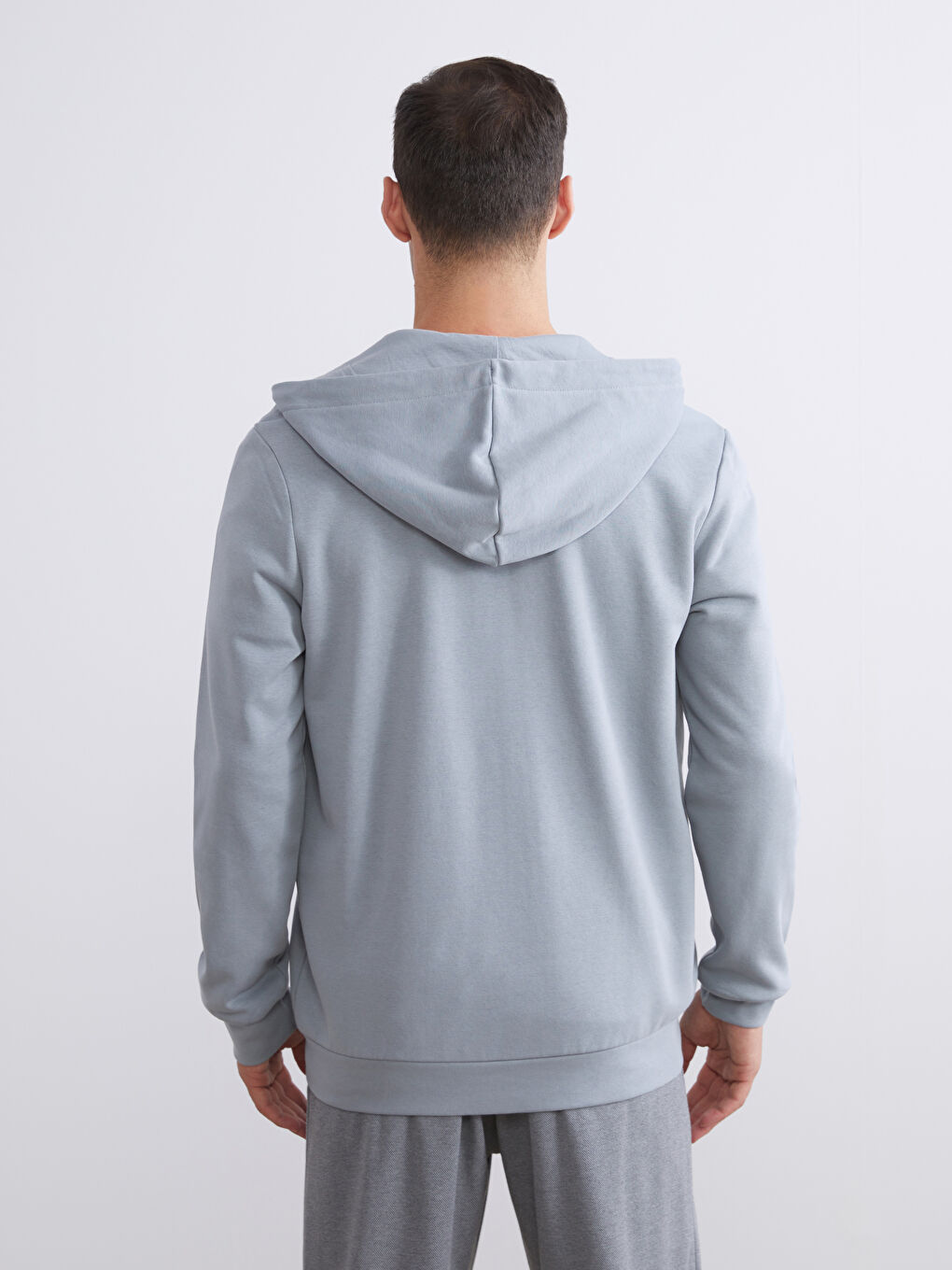 Gri Kapüşonlu Uzun Kollu Erkek Fermuarlı Sweatshirt-3