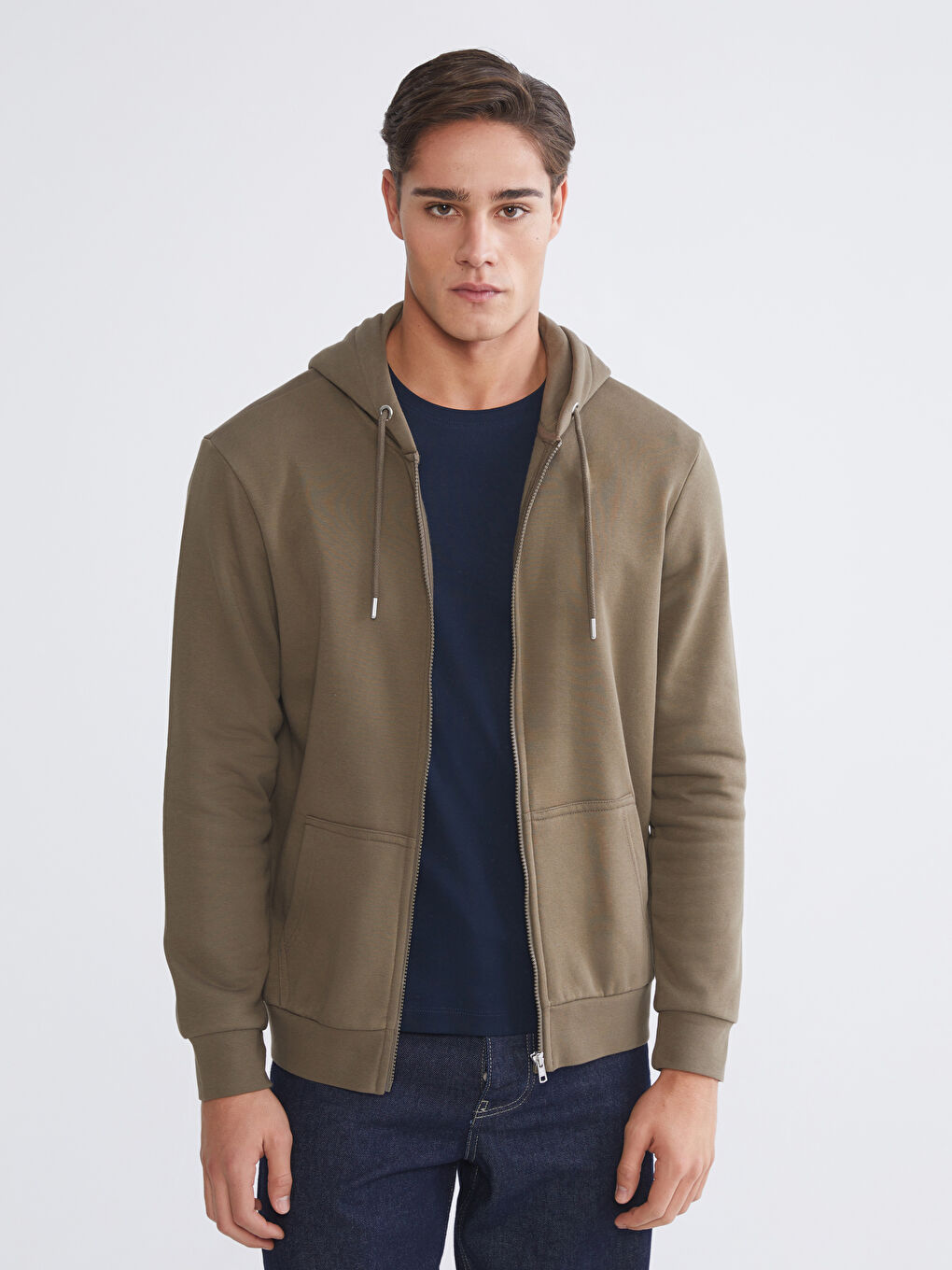 Haki Kapüşonlu Uzun Kollu Erkek Fermuarlı Sweatshirt
