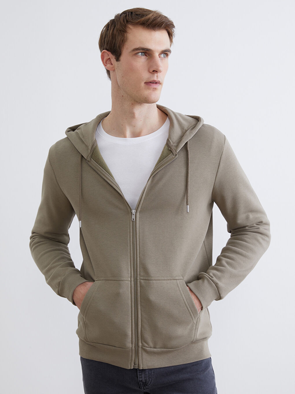 Kahverengi Kapüşonlu Uzun Kollu Erkek Fermuarlı Sweatshirt