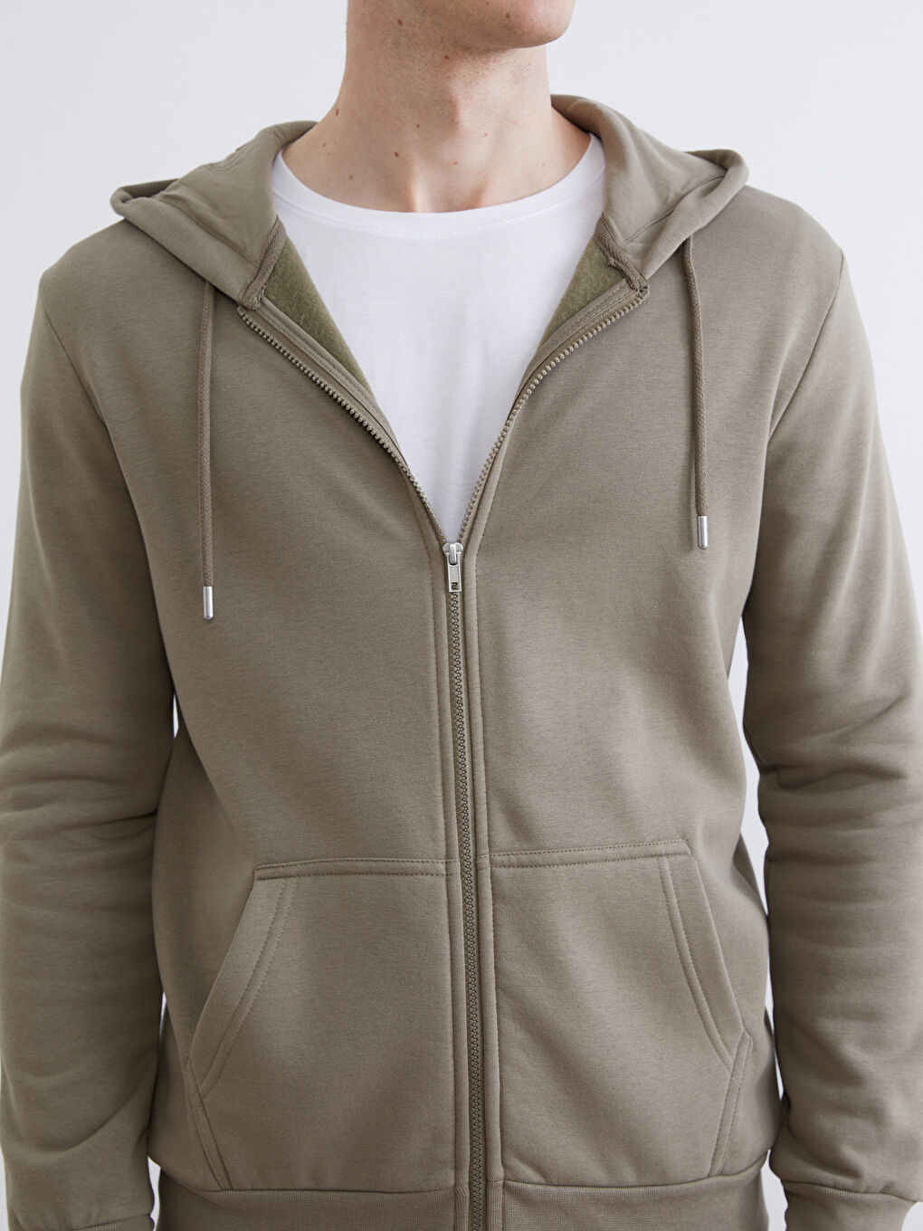 Kahverengi Kapüşonlu Uzun Kollu Erkek Fermuarlı Sweatshirt-2