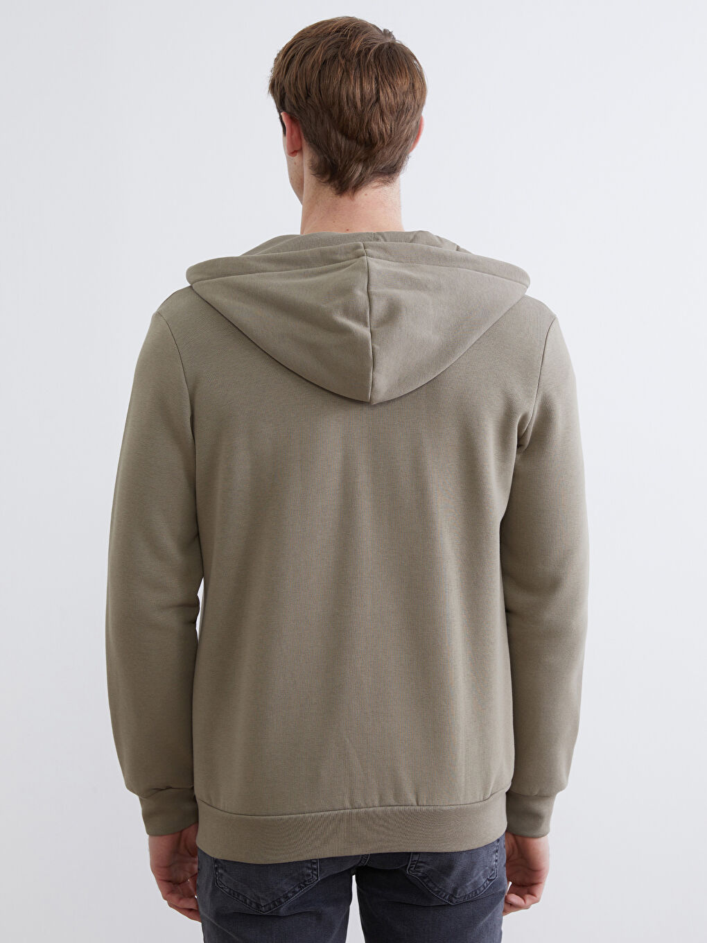 Kahverengi Kapüşonlu Uzun Kollu Erkek Fermuarlı Sweatshirt-3