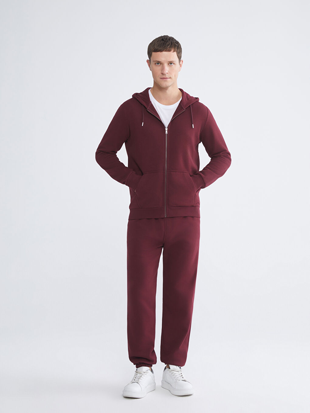 Bordo Kapüşonlu Uzun Kollu Erkek Fermuarlı Sweatshirt-1