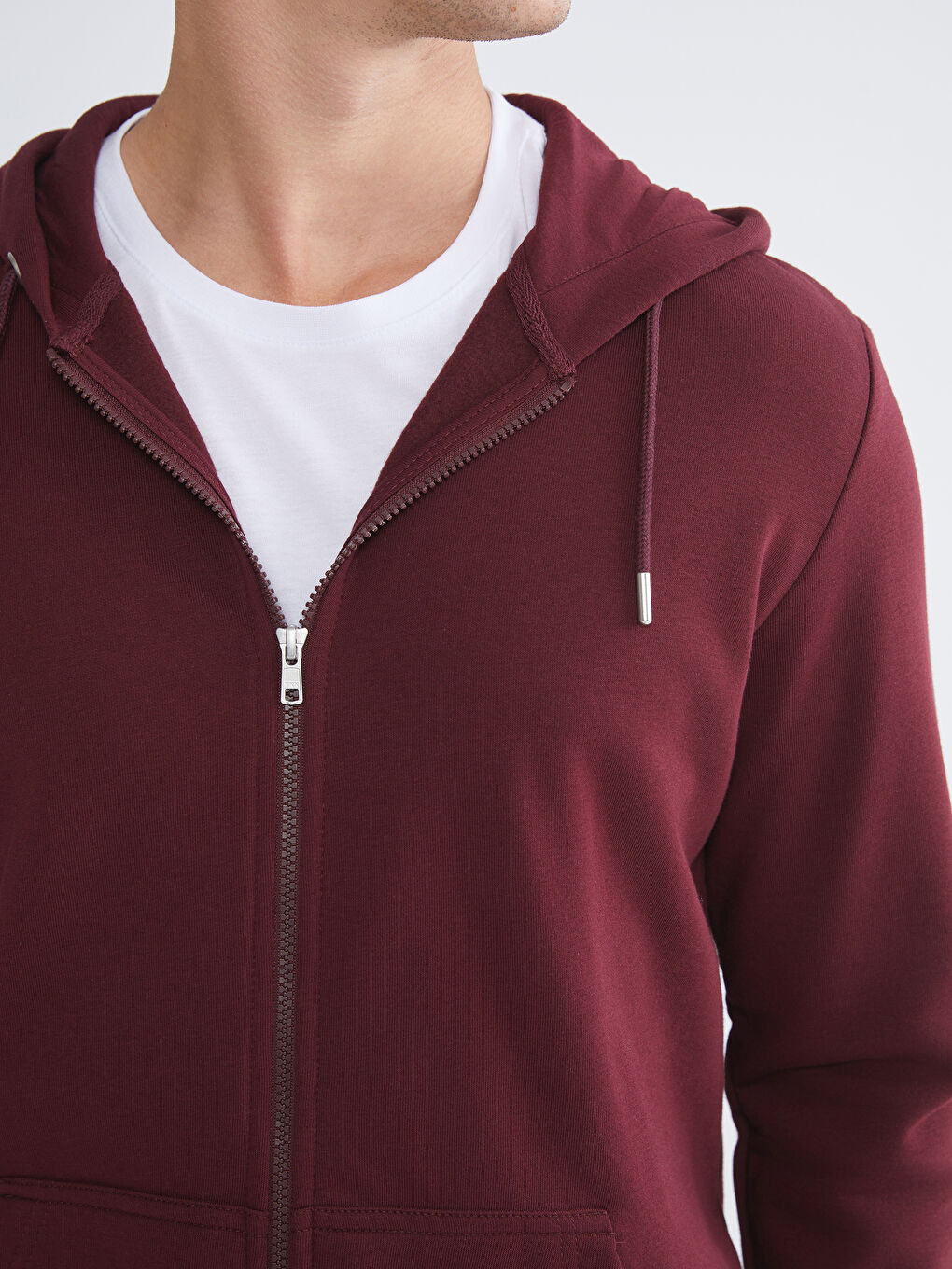 Bordo Kapüşonlu Uzun Kollu Erkek Fermuarlı Sweatshirt-2