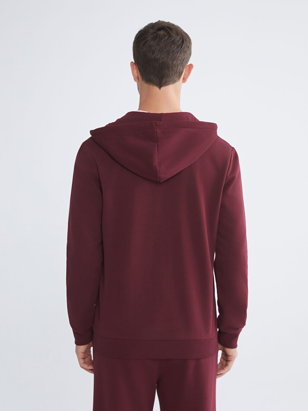 Bordo Kapüşonlu Uzun Kollu Erkek Fermuarlı Sweatshirt-3