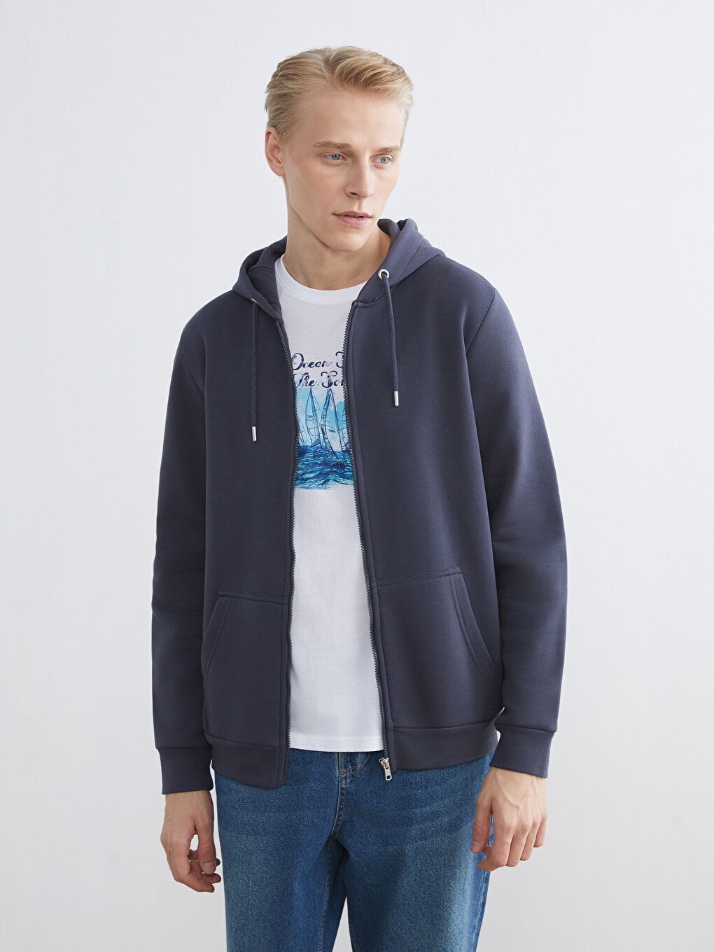 İndigo Kapüşonlu Uzun Kollu Erkek Fermuarlı Sweatshirt