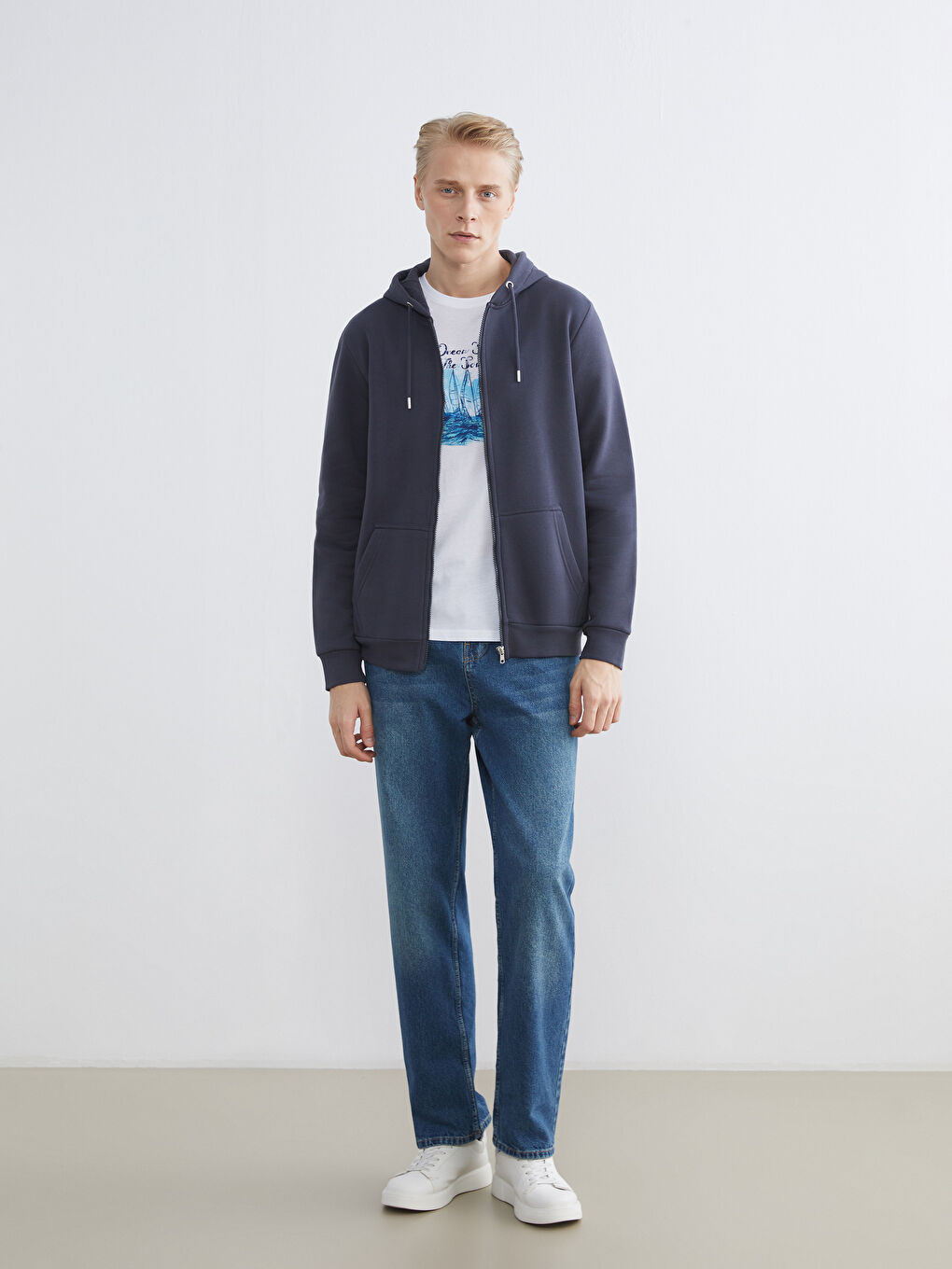 İndigo Kapüşonlu Uzun Kollu Erkek Fermuarlı Sweatshirt-1