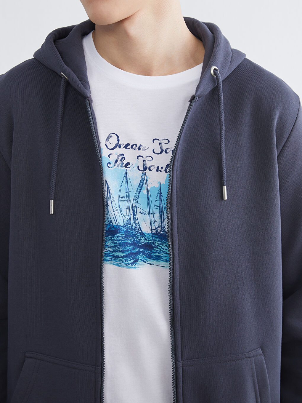 İndigo Kapüşonlu Uzun Kollu Erkek Fermuarlı Sweatshirt-2