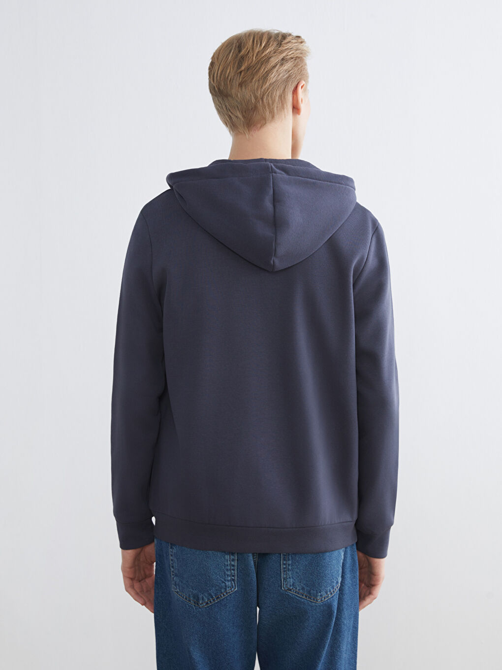 İndigo Kapüşonlu Uzun Kollu Erkek Fermuarlı Sweatshirt-3