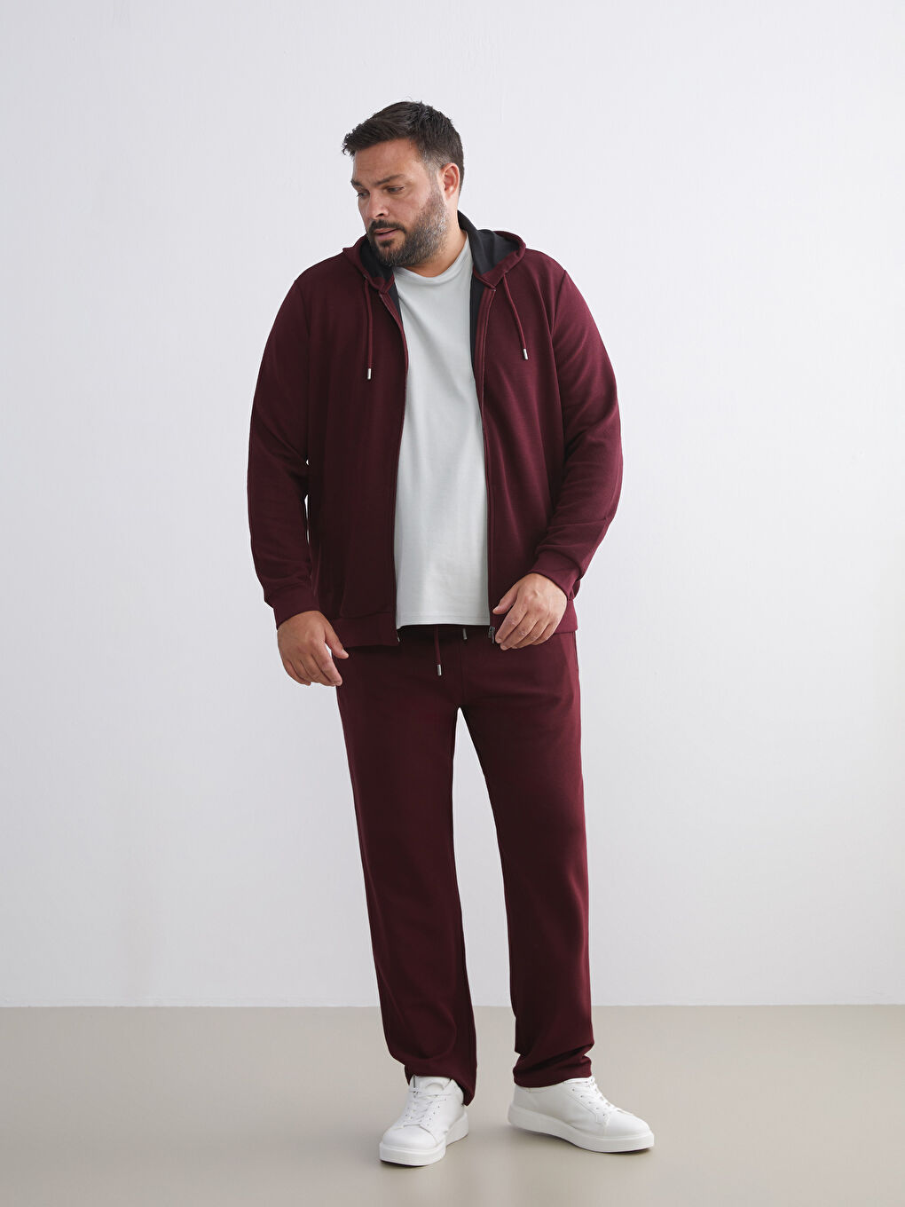 Bordo Kapüşonlu Uzun Kollu Erkek Fermuarlı Sweatshirt-5