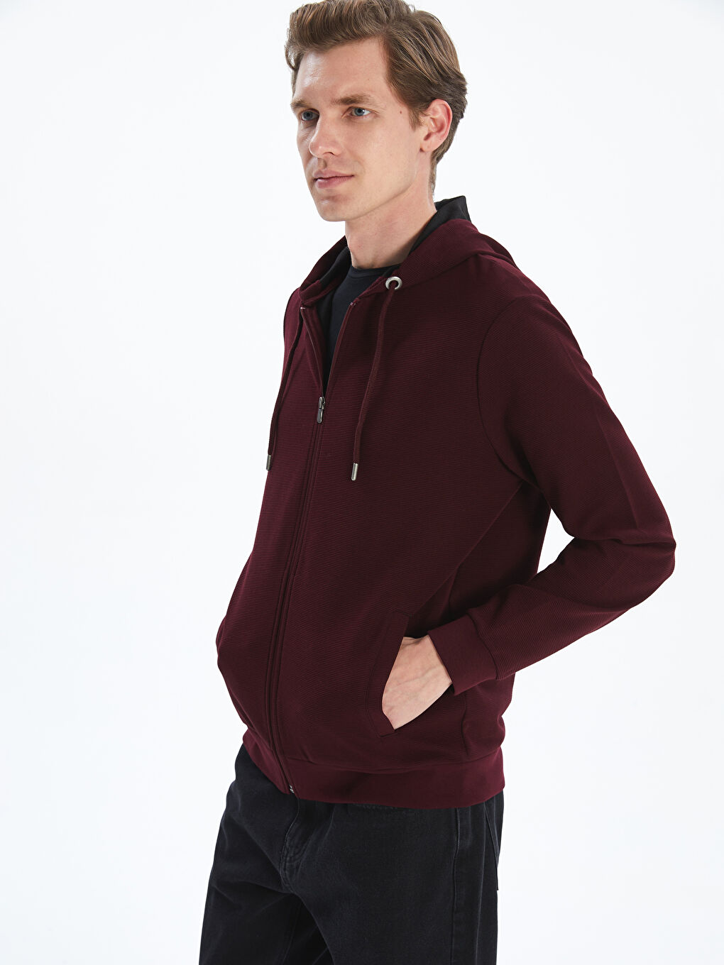 Bordo Kapüşonlu Uzun Kollu Erkek Fermuarlı Sweatshirt