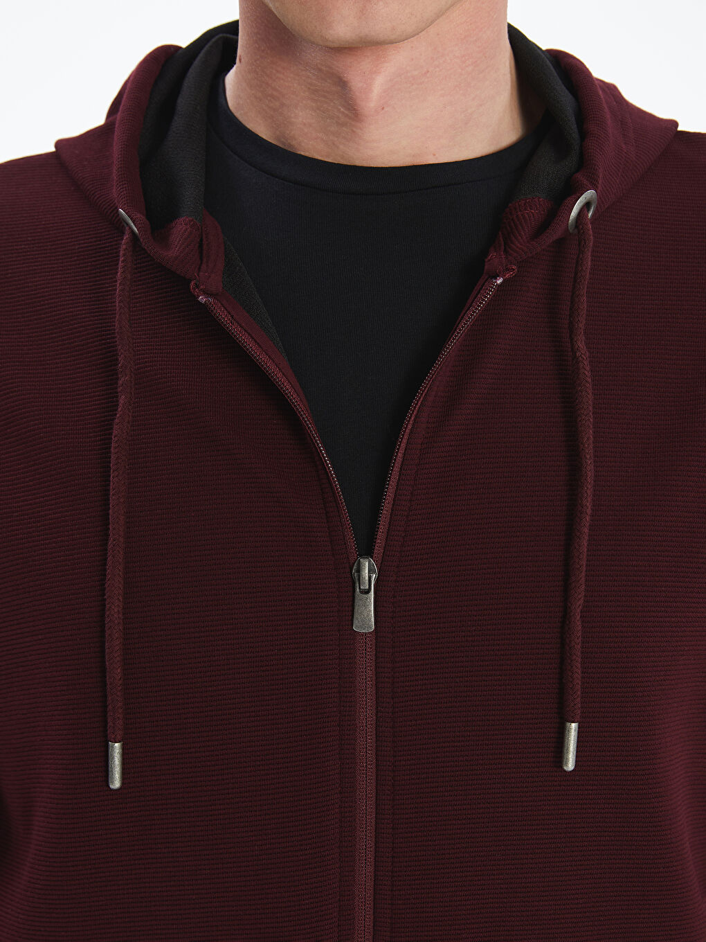 Bordo Kapüşonlu Uzun Kollu Erkek Fermuarlı Sweatshirt-3