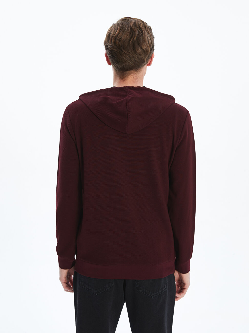 Bordo Kapüşonlu Uzun Kollu Erkek Fermuarlı Sweatshirt-4