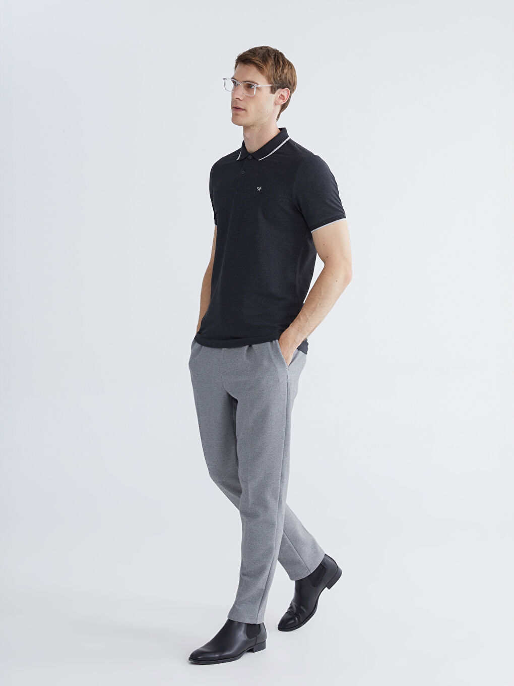 Antrasit Polo Yaka Düz Erkek Tişört-1