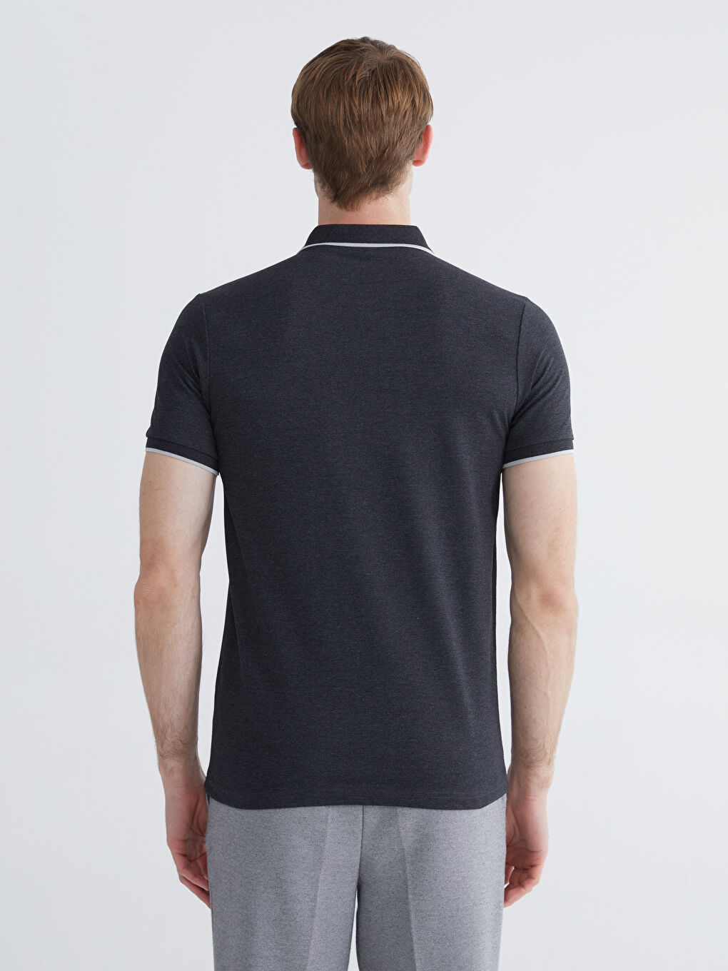 Antrasit Polo Yaka Düz Erkek Tişört-3