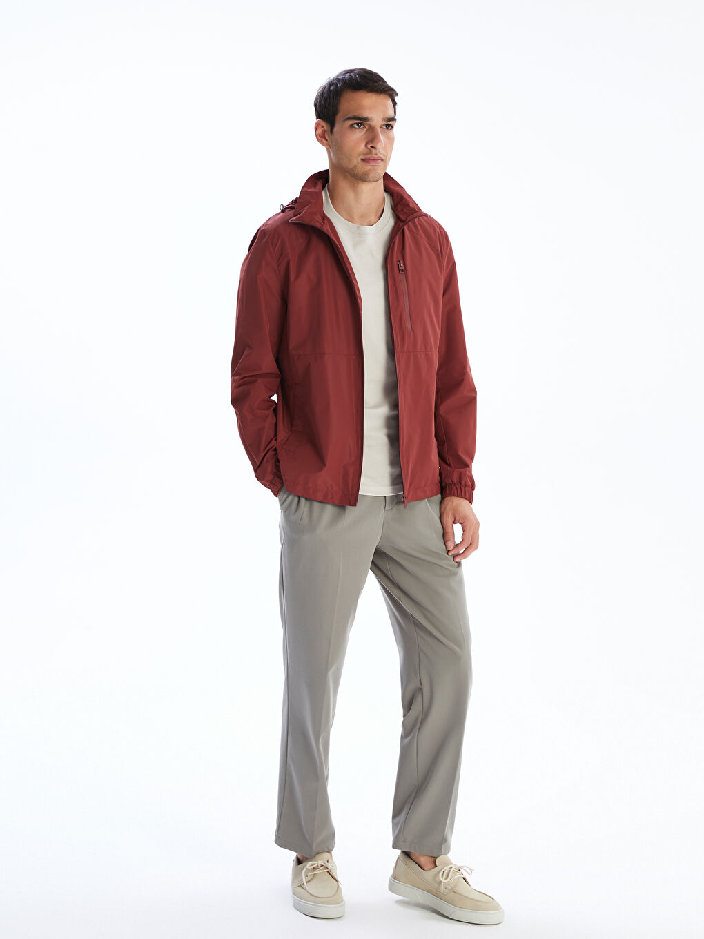 Kırmızı Standart Kalıp Kapüşonlu Erkek Yağmurluk-1