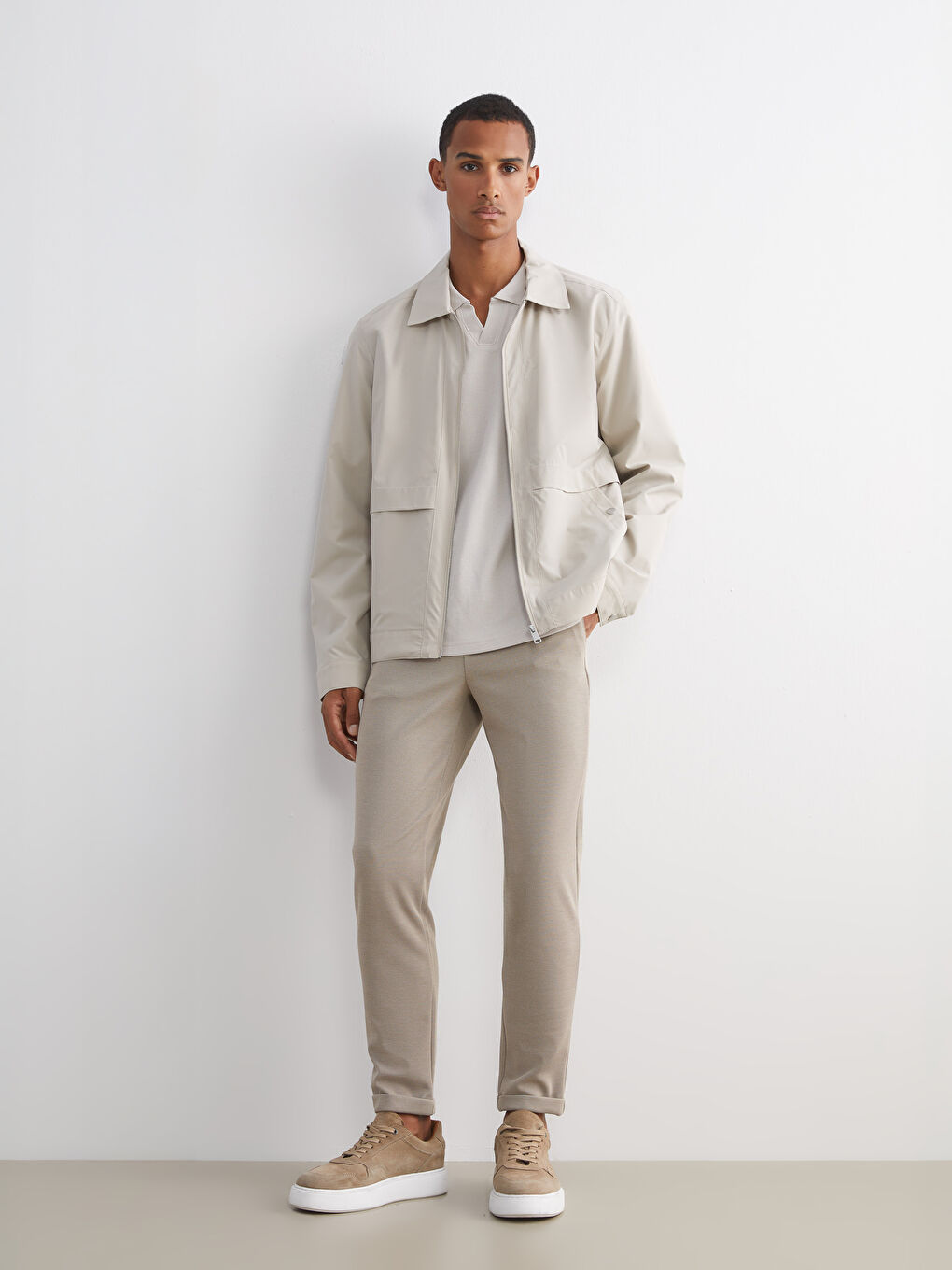 Bej Standart Kalıp Gömlek Yaka Erkek Mont-1