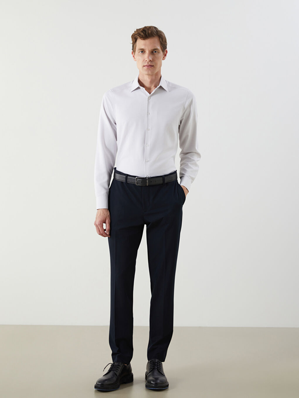 Bej Slim Fit Uzun Kollu Armürlü Erkek Gömlek-1