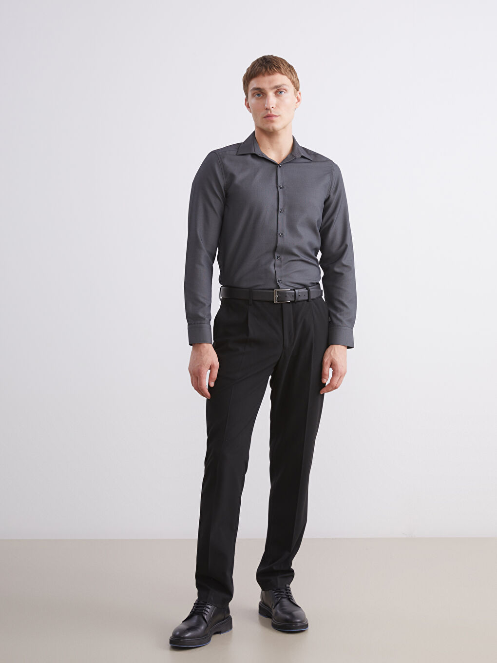 Antrasit Slim Fit Uzun Kollu Armürlü Erkek Gömlek-1