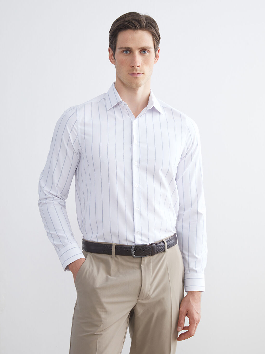 Slim Fit Long Sleeve Striped Twill Men's Shirt