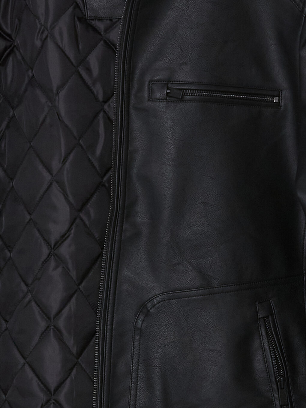 Siyah Büyük Beden Standart Kalıp Biker Yaka Erkek Deri Görünümlü Ceket-1