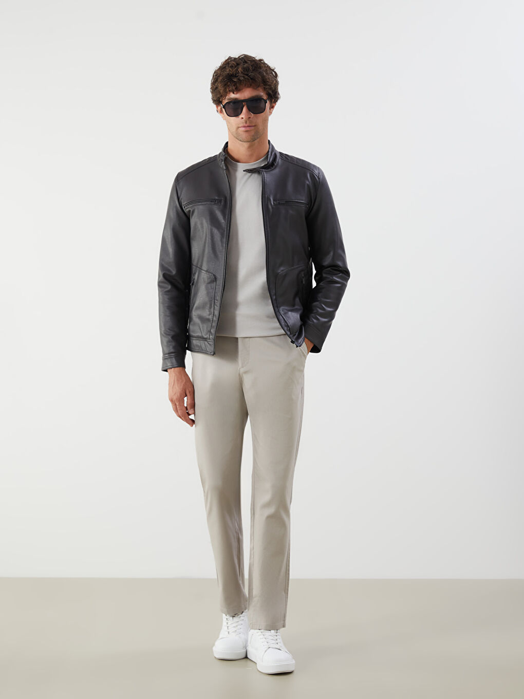 Kahverengi Büyük Beden Standart Kalıp Biker Yaka Erkek Deri Görünümlü Ceket-1