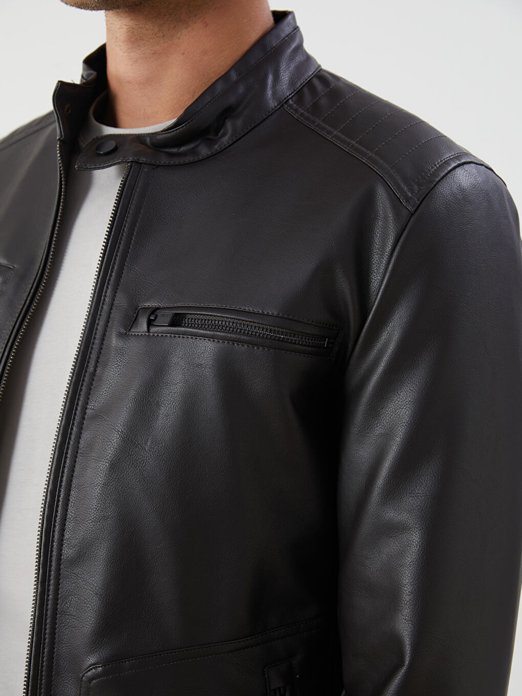 Kahverengi Büyük Beden Standart Kalıp Biker Yaka Erkek Deri Görünümlü Ceket-2