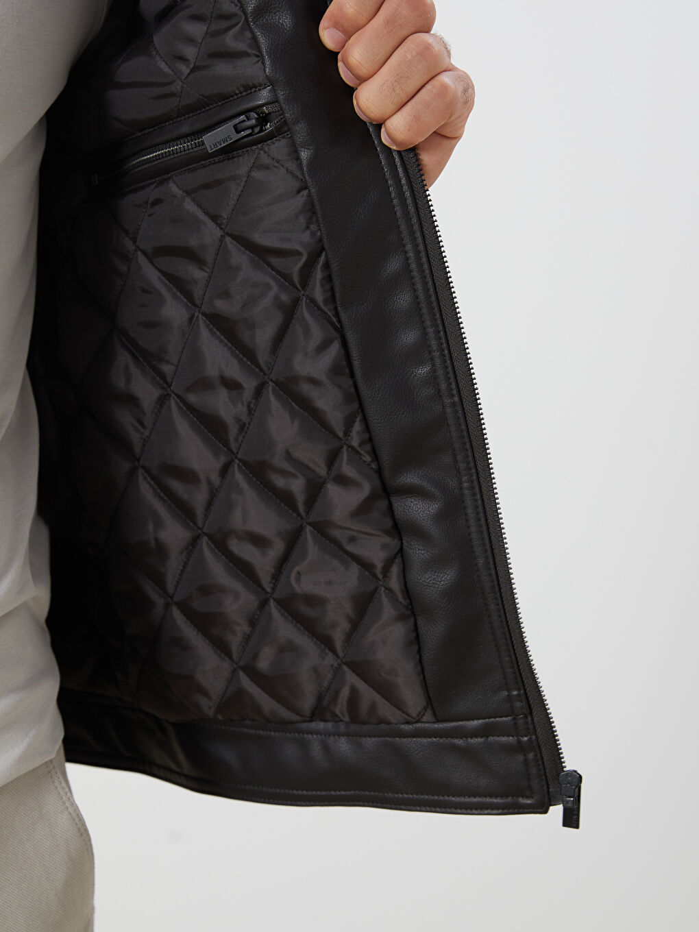 Kahverengi Büyük Beden Standart Kalıp Biker Yaka Erkek Deri Görünümlü Ceket-3