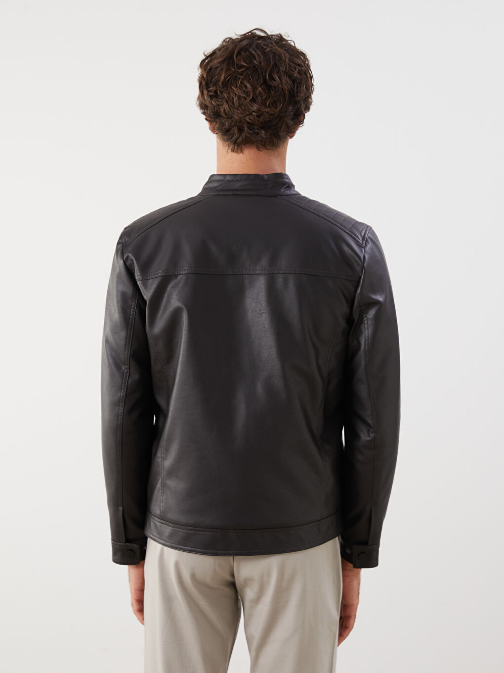 Kahverengi Büyük Beden Standart Kalıp Biker Yaka Erkek Deri Görünümlü Ceket-4