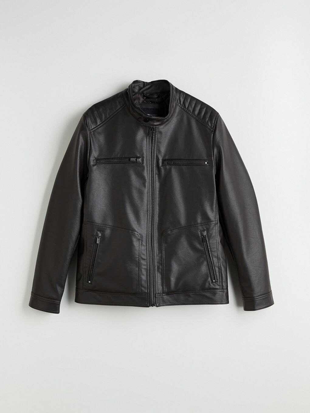 Kahverengi Büyük Beden Standart Kalıp Biker Yaka Erkek Deri Görünümlü Ceket-5