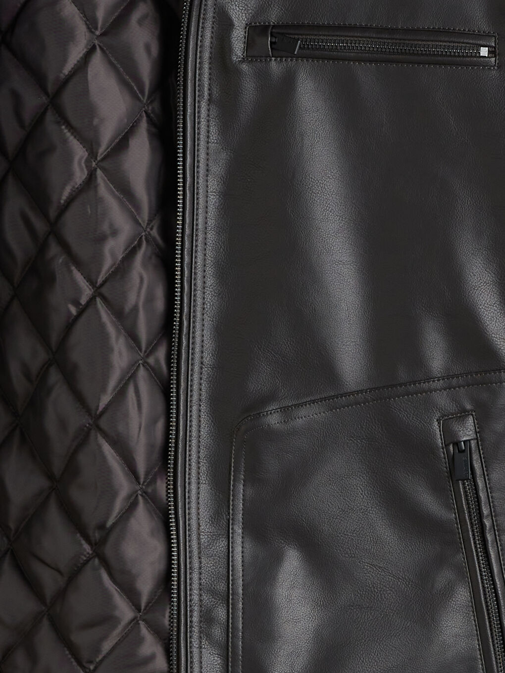 Kahverengi Büyük Beden Standart Kalıp Biker Yaka Erkek Deri Görünümlü Ceket-6